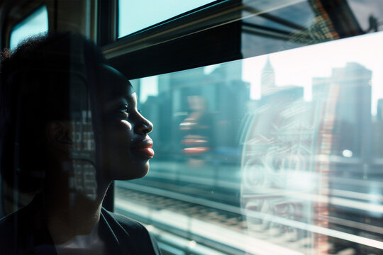 Young woman reflecting while looking out the train window. Generative AI image
