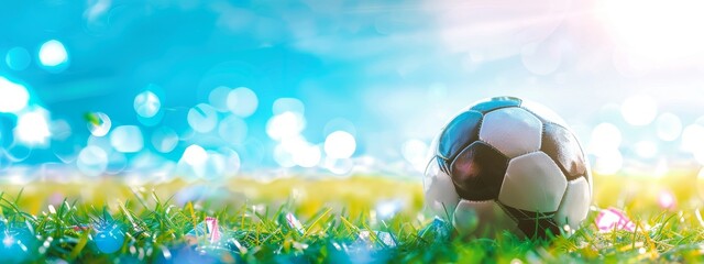 Bright Soccer Ball Resting on Lush Green Grass Field Outdoors