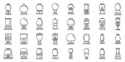 Bubblegum machine icons set outline vector. Vending toy. Slot machine food