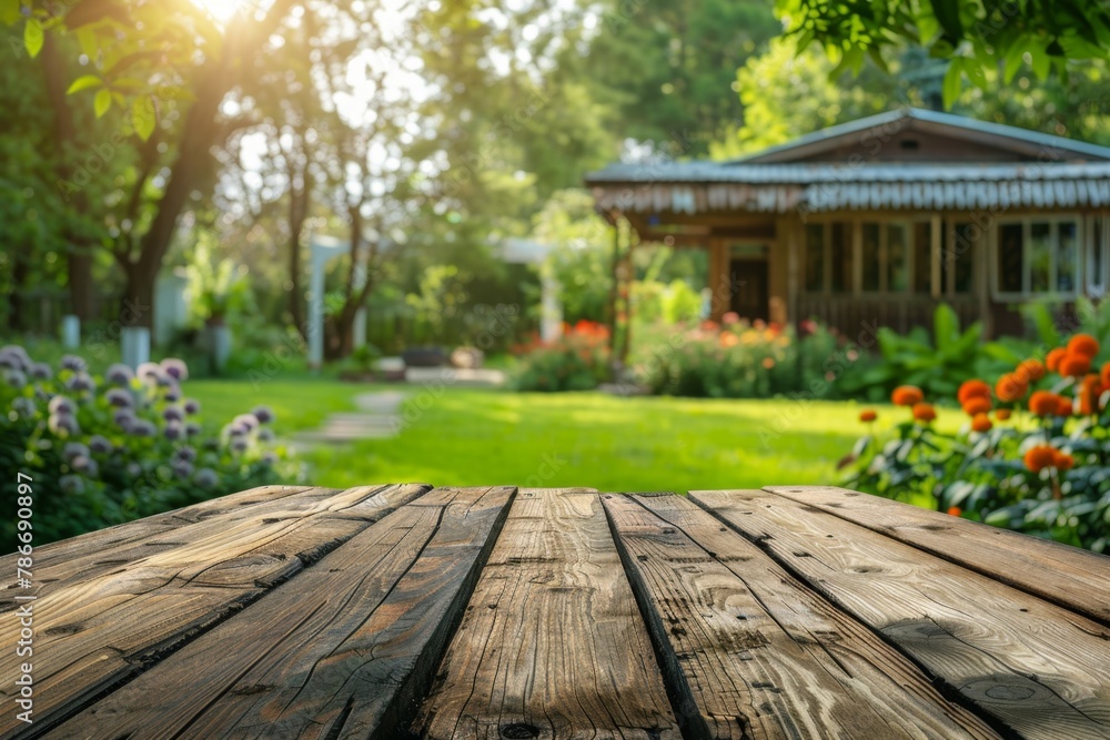 Aufkleber wooden table top with blurred garden and house background for product display presentation generativ