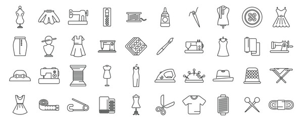 Fashion workshop icons set outline vector. Sewing factory. Garment fabric