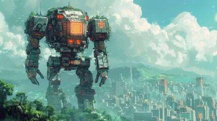 Giant robot towering over futuristic cityscape, a blend of nature and technology
