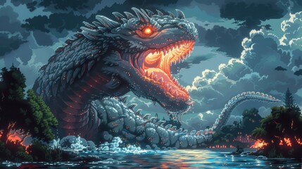 Pixel art depiction of a majestic sea monster emerging under a stormy sky