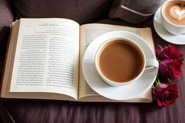 Obraz na płótnie Canvas Un café con leche y un libro de apariencia clásico,gen erados por IA