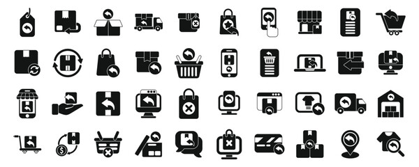 Returning goods to the shop icons set simple vector. Refund product. Customer policy