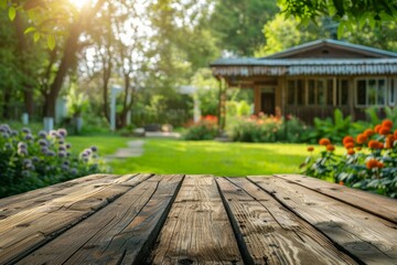 Wooden table top with blurred garden and house background for product display presentation Generative AI