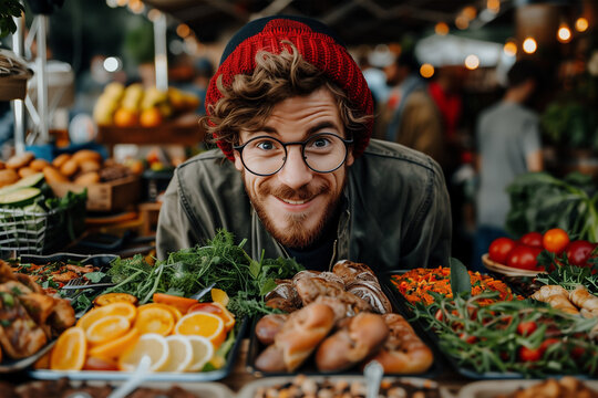 Cheerful man shopping for fresh produce at a local market. Generative AI image