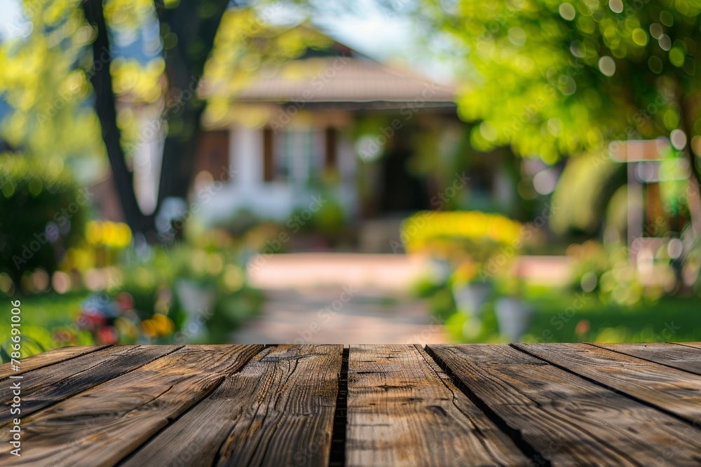 Poster beautiful blurred background of an empty wooden table with bokeh in the garden and house on a sunny 
