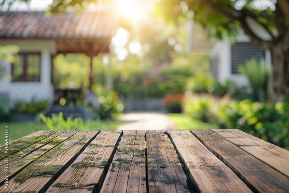Poster beautiful blurred background of an empty wooden table with bokeh in the garden and house on a sunny 