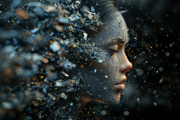 3d render of woman disintegrating into tiny pieces, 3d illustration