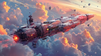 Futuristic orange spaceship soaring through clouds and asteroids in a digital art