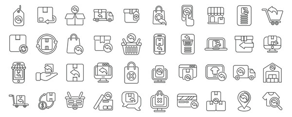 Returning goods to the shop icons set outline vector. Refund product. Customer policy