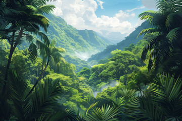 Fototapeta na wymiar Panorama view of tropical rainforest. Panoramic landscape of green jungle, Tropical rain forest jungl, illustration