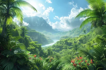 Foto op Aluminium Panorama view of tropical rainforest. Panoramic landscape of green jungle, Tropical rain forest jungl, illustration © Anna