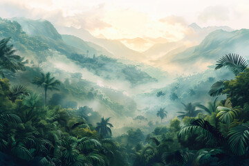 Panorama view of tropical rainforest. Panoramic landscape of green jungle, Tropical rain forest jungl, illustration