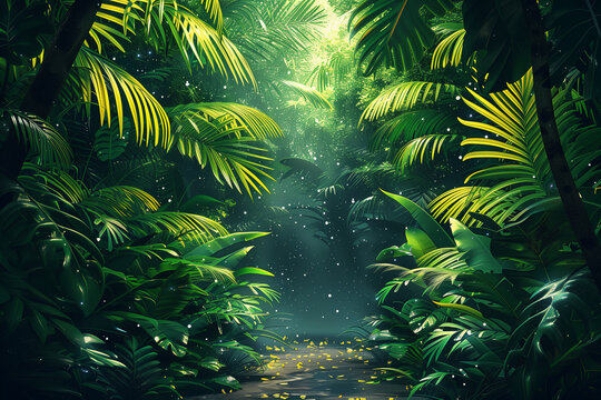 panorama view of tropical rainforest. Panoramic landscape of green jungle, Tropical rain forest jungl, illustration