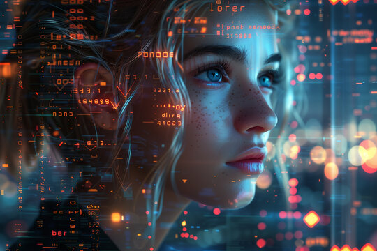 Portrait of young woman among Graphical User Interface, 3d illustration