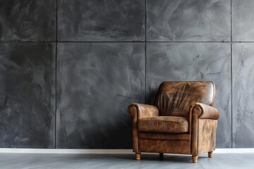 minimalist loft interior with leather armchair against dark cement wall stylish industrial design
