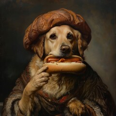 Funny Illustration paint. dog eating hotdogs - obrazy, fototapety, plakaty