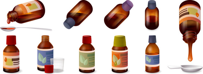 Cough syrup icons set cartoon vector. Dosage bottle. Medicine drugstore