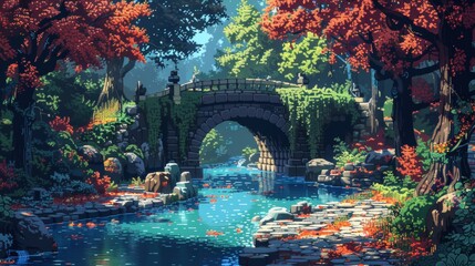 Enchanting pixel art river landscape with autumnal trees and stone bridge