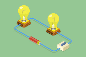 3D Isometric Flat Vector Illustration of Simple Electric Circuit, Accumulator Battery and Light Bulb