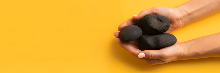 Hot stone massage web banner. Therapist with hot stones on yellow background promoting relaxation.