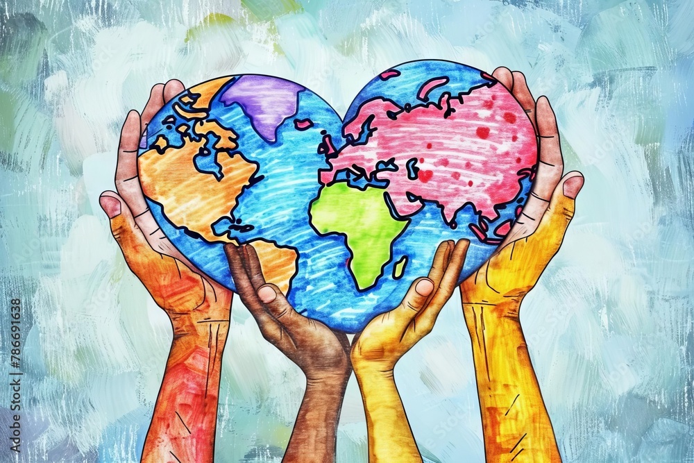 Wall mural multicultural unity hands holding colorful heartshaped earth love and peace concept digital illustra