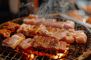 Sizzling pieces of meat on a grill with smoke rising, capturing the vibrant essence of a barbecue