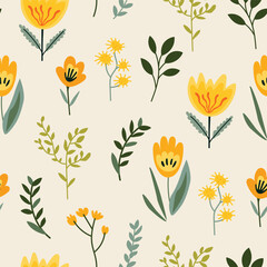 Seamless pattern with yellow flowers and leaves. Vector illustration.