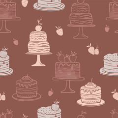 Seamless pattern with cake, strawberry and cherry. Hand drawn vector illustration.