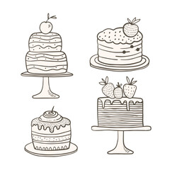 Set of cute hand drawn cakes. Vector linear illustration.