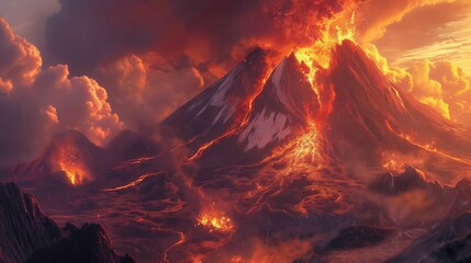 Image of burning volcano nestled amidst the majestic mountains.