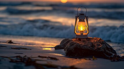 An old-fashioned lantern casts a warm glow on a rocky shore, with waves and sunset in the background. - obrazy, fototapety, plakaty