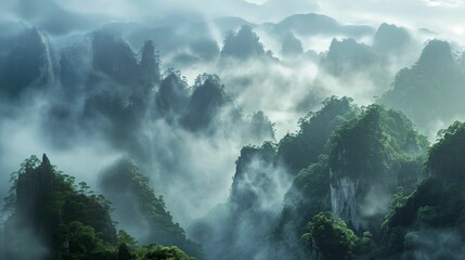 Ethereal landscape of towering mountains enveloped in thick mist, highlighting the natural beauty...