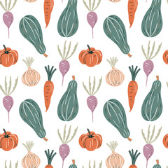 Seamless pattern with hand drawn vegetables. Cute vector illustration.