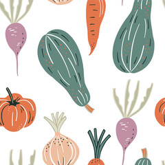 Seamless pattern with hand drawn vegetables. Cute vector illustration. - 786692052