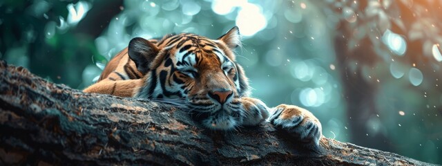 Majestic Tiger Resting Peacefully on a Leafy Tree Branch in the Wild Nature Habitat