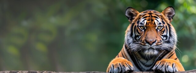 Majestic Tiger Resting Peacefully on a Leafy Tree Branch in the Wild Nature Habitat - obrazy, fototapety, plakaty