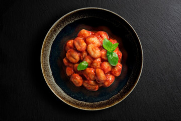 Dark bowl with tomato potato dumpling