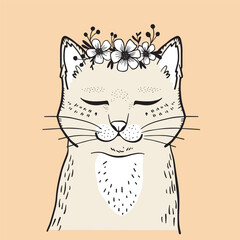Cute hand drawn cat with flowers. Vector illustration in doodle style. - 786692087