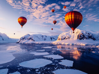 A group of hot air balloons are flying over a frozen landscape