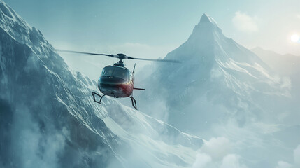 Aerial view of a helicopter flying over majestic mountains. Happiness, love, health, courage, desire to live
