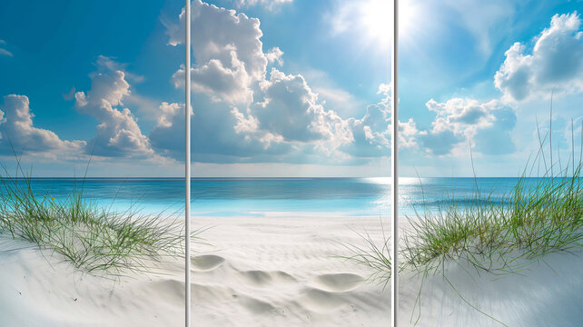 3-section wall painting prepared for room decoration, usable design for marble design. Examples of paintings for architectural interior design. Sandy shore under clouds. pattern. Summer concept