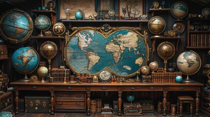 Steampunk explorers club, globes, maps, artifact collections, adventure tales 