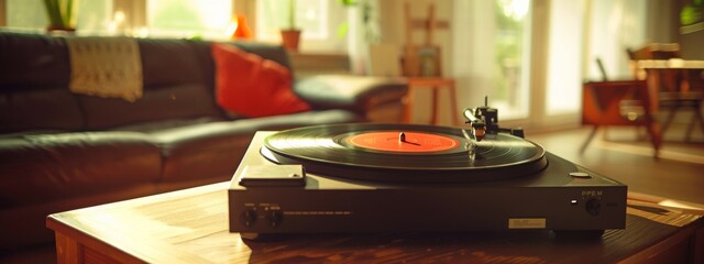 trendy vinyl turntable placed in a modern living room