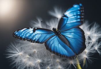 Bright blue morpho butterfly on dandelion seeds isolated on black close up blue butterfly on white...
