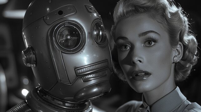 1950s sci-fi movie set, alien landscapes, retro robots, space heroes in vintage costumes 