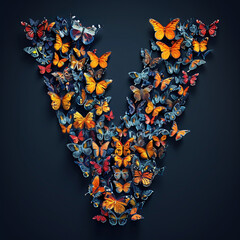 Letter V made of butterflies, isolated on black background. Vector illustration.