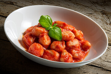 White bowl with tomato potato dumpling